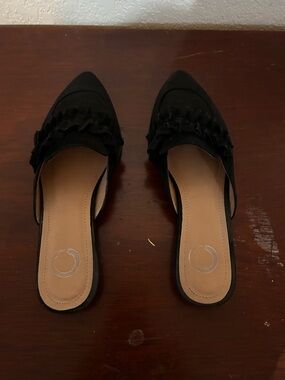 Black Ruffle Pointed-Toe Slip-On Mules